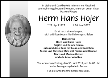 Traueranzeige von Hans Hojer von Frankenpost