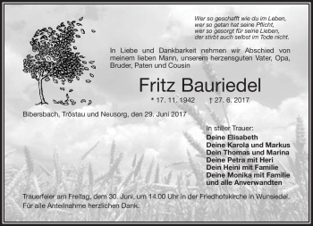 Traueranzeige von Fritz Bauriedel von Frankenpost