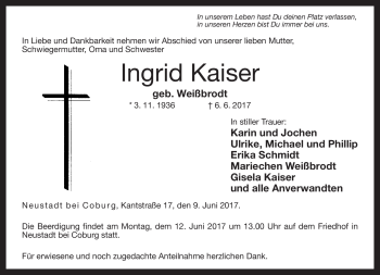 Traueranzeige von Ingird Kaiser von Neue Presse Coburg