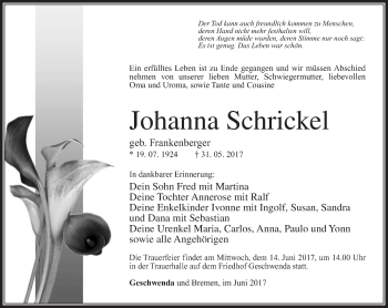 Traueranzeige von Johanna Schrickel von 23019