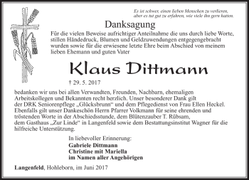 Traueranzeige von Klaus Dittmann von Südthüringer Presse