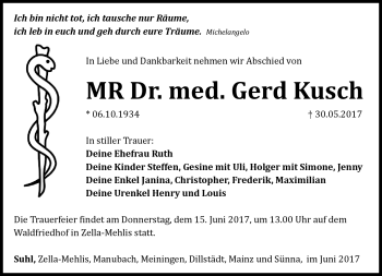 Traueranzeige von Gerd Kusch von Südthüringer Presse