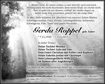 Traueranzeige von Gerda Roppel von Südthüringer Presse