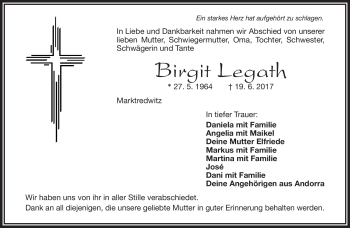 Traueranzeige von Birgit Legath von Frankenpost