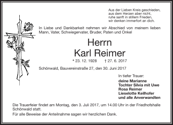 Traueranzeige von Karl Reimer von Frankenpost