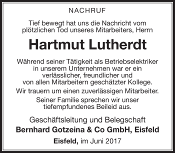 Traueranzeige von Hartmut Lutherdt von Südthüringer Presse