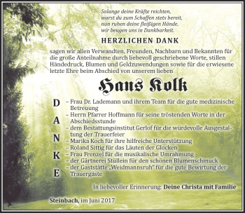 Traueranzeige von Hans Kolk von Südthüringer Presse