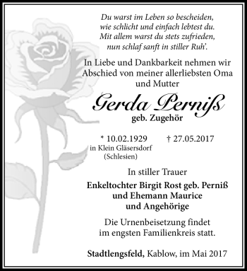 Traueranzeige von Gerda Perniß von Südthüringer Presse
