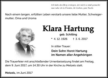 Traueranzeige von Klara Hartung von Südthüringer Presse