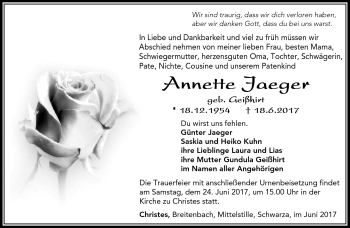 Traueranzeige von Annette Jaeger von Südthüringer Presse