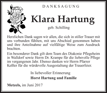 Traueranzeige von Klara Hartung von Südthüringer Presse