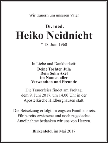 Traueranzeige von Heiko Neidnicht von Südthüringer Presse