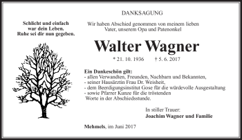 Traueranzeige von Walter Wagner von Südthüringer Presse