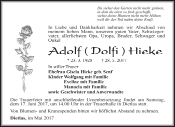 Traueranzeige von Adolf Hiek von Südthüringer Presse