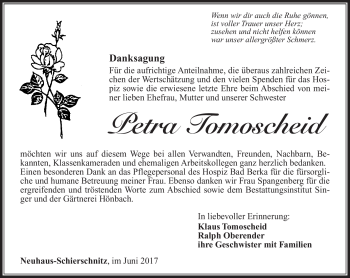 Traueranzeige von Petra Tomoscheid von Südthüringer Presse