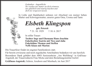 Traueranzeige von Elsbeth Klingspon von Südthüringer Presse