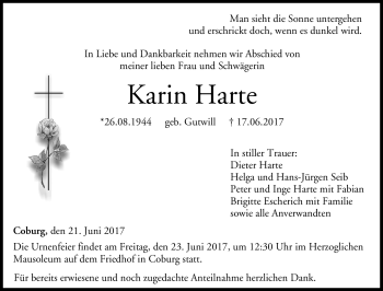 Traueranzeige von Karin Harte von Neue Presse Coburg