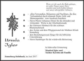 Traueranzeige von Ursula Igler von Südthüringer Presse