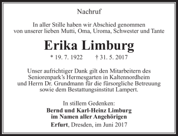 Traueranzeige von Erika Limburg von Südthüringer Presse