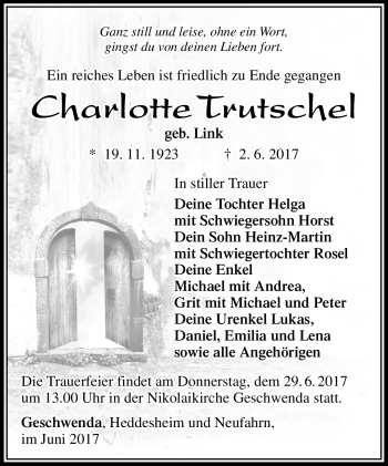 Traueranzeige von Charlotte Trutschel von Südthüringer Presse