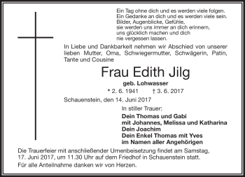 Traueranzeige von Edith Jilg von Frankenpost