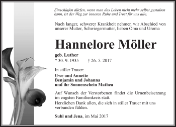 Traueranzeige von Hannelore Möller von Südthüringer Presse