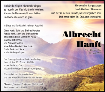 Traueranzeige von Albrecht Hanft von Südthüringer Presse