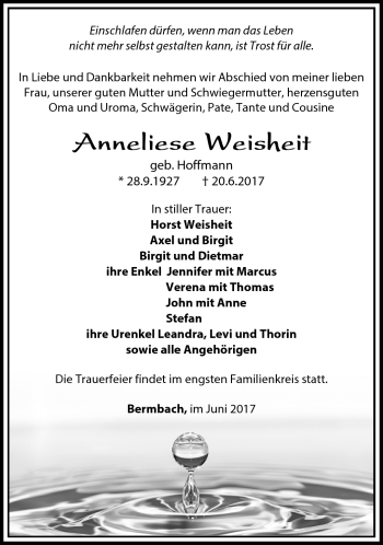 Traueranzeige von Anneliese Weisheit von Südthüringer Presse
