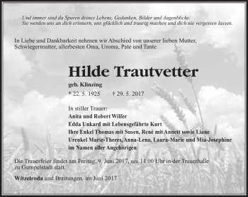 Traueranzeige von Hilde Trautvetter von Südthüringer Presse