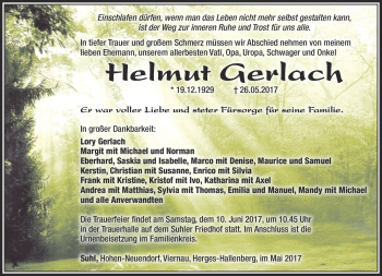 Traueranzeige von Helmut Gerlach von Südthüringer Presse