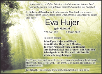 Traueranzeige von Eva Hujer von Südthüringer Presse