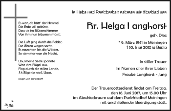 Traueranzeige von Helga Langhorst von Südthüringer Presse