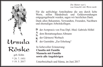 Traueranzeige von Ursula Röske von Südthüringer Presse