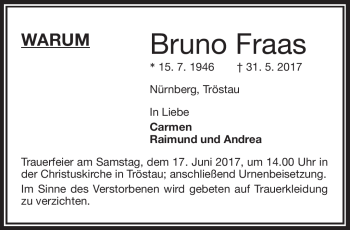 Traueranzeige von Bruno Fraas von Frankenpost