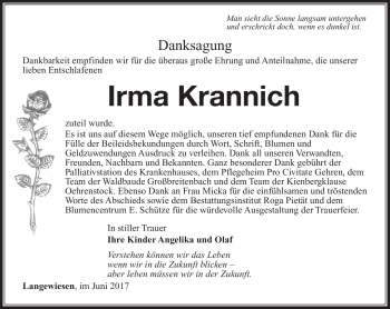 Traueranzeige von Irma Krannich von Südthüringer Presse