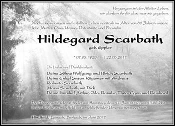 Traueranzeige von Hildegard Scarbath von Südthüringer Presse