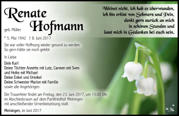 Traueranzeige von Renate Hofmann von Südthüringer Presse