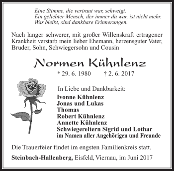 Traueranzeige von Norman Kühnlenz von Südthüringer Presse