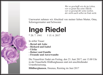 Traueranzeige von Inge Riedel von Südthüringer Presse