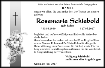 Traueranzeige von Rosemarie Schiebold von Südthüringer Presse