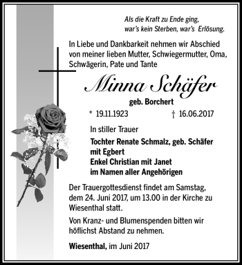 Traueranzeige von Minna Schäfer von Südthüringer Presse