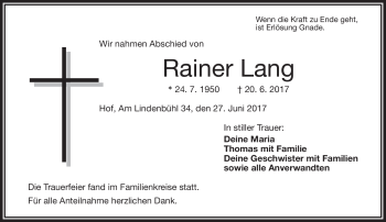 Traueranzeige von Rainer Lang von Frankenpost