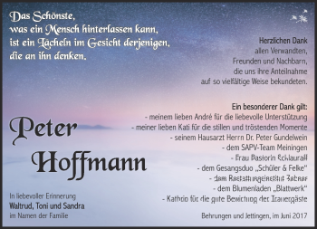 Traueranzeige von Peter Hoffmann von Südthüringer Presse