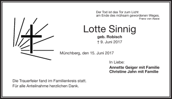 Traueranzeige von Lotte Sinnig von Frankenpost