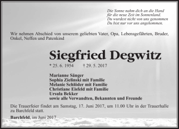Traueranzeige von Siegfried Degwitz von Südthüringer Presse