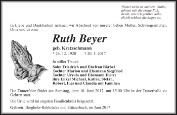 Traueranzeige von Ruth Beyer von Südthüringer Presse