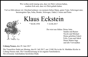 Traueranzeige von Klaus Eckstein von Neue Presse Coburg