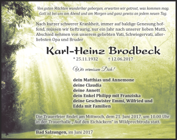 Traueranzeige von Karl-Heinz Brodbeck von Südthüringer Presse