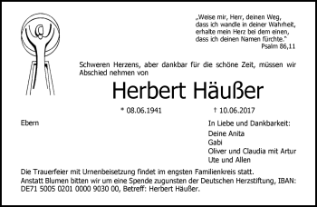 Traueranzeige von Herbert Häußer von Neue Presse Coburg