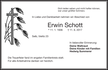 Traueranzeige von Erwin Schott von Frankenpost